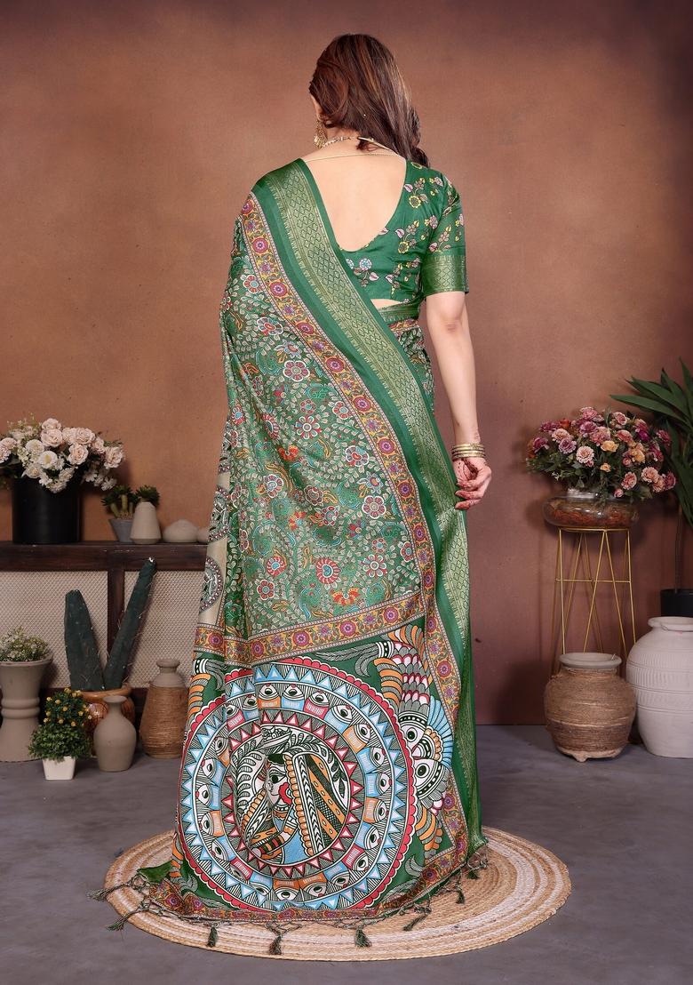Green Printed Silk Blend Saree Set - Indya
