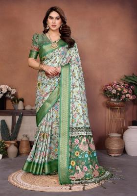 Light Green Printed Silk Blend Saree Set