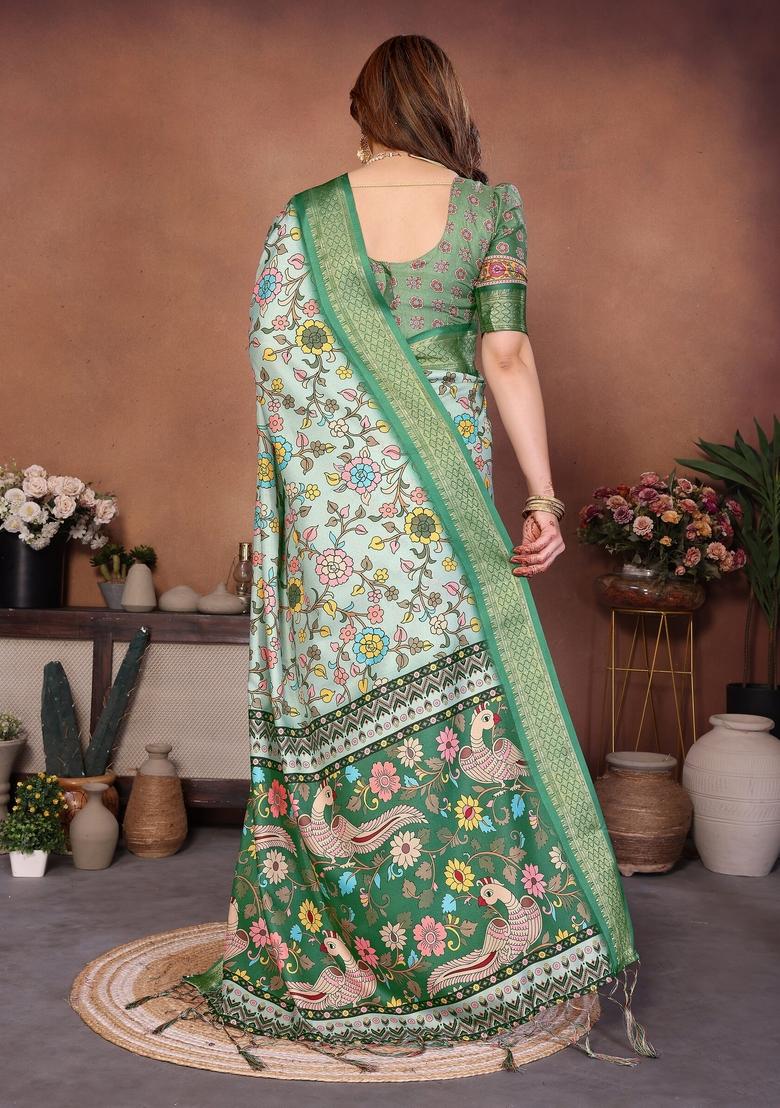 Light Green Printed Silk Blend Saree Set - Indya