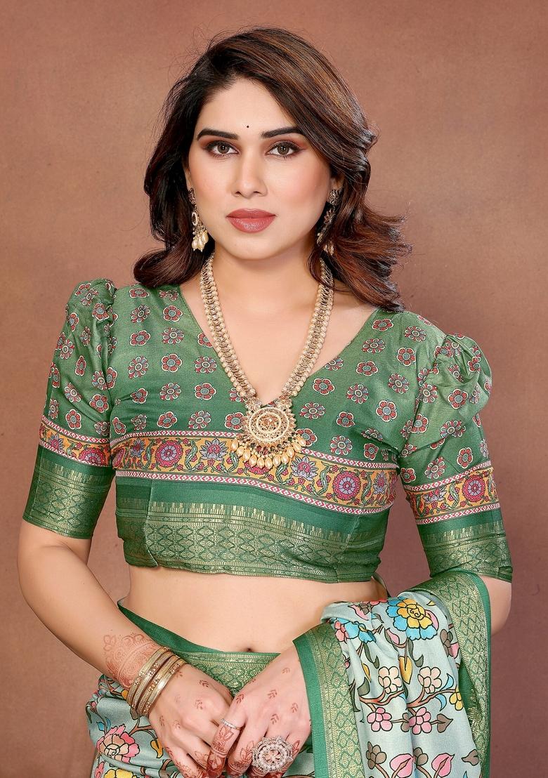 Light Green Printed Silk Blend Saree Set - Indya
