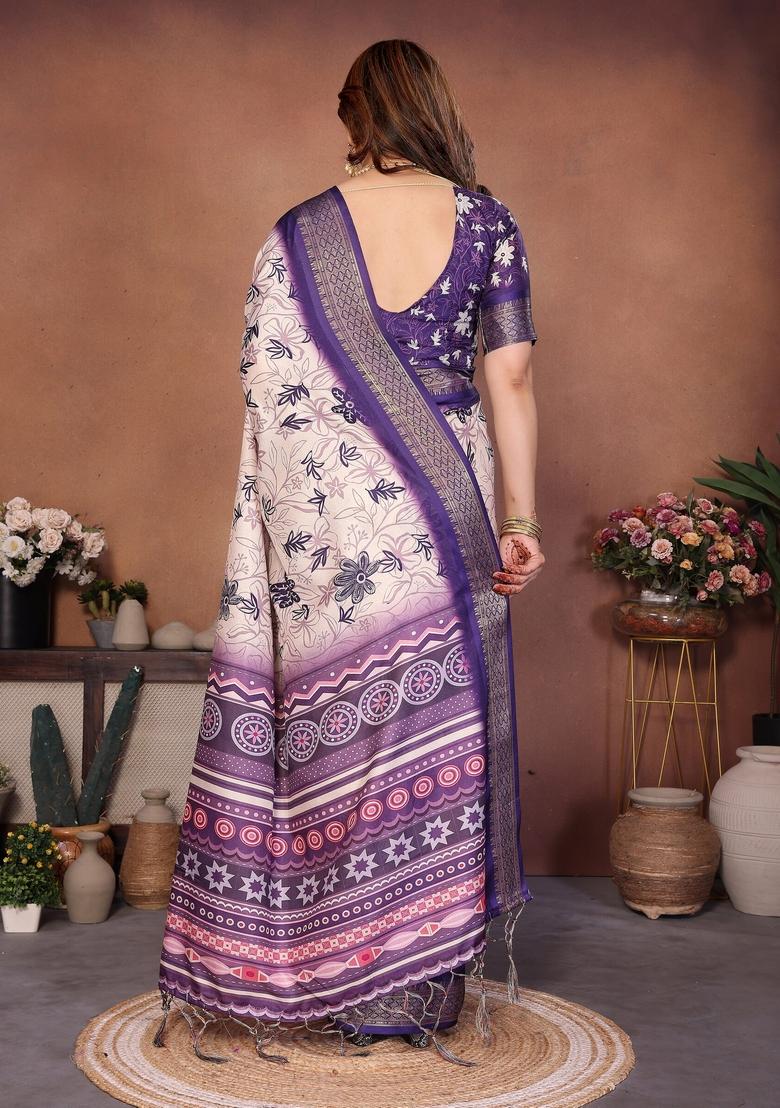 Purple Printed Silk Blend Saree Set - Indya
