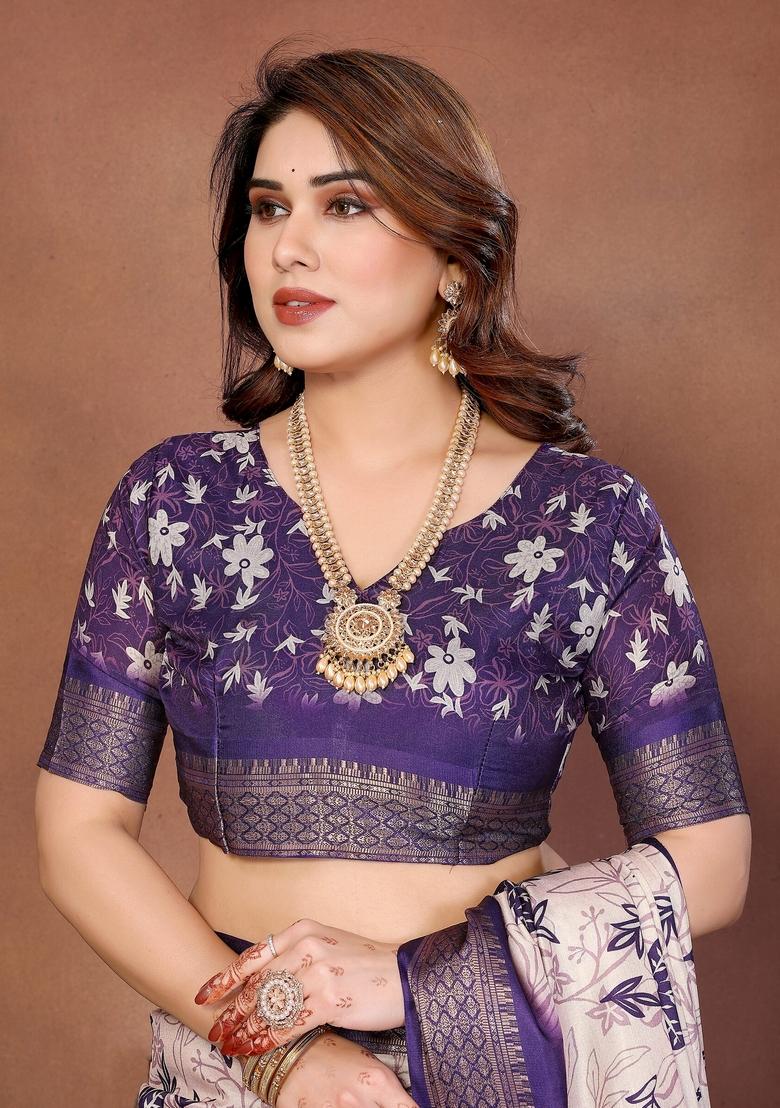 Purple Printed Silk Blend Saree Set - Indya