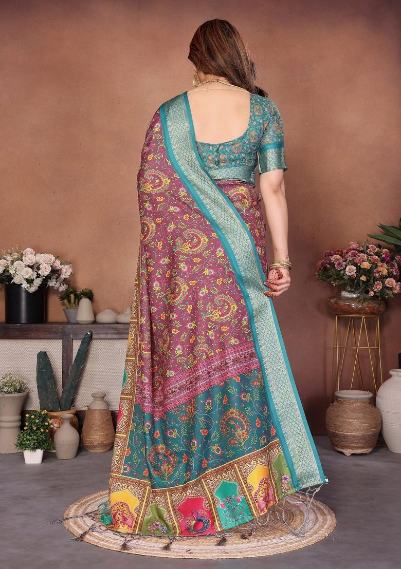 Rama Green Printed Silk Blend Saree Set - Indya