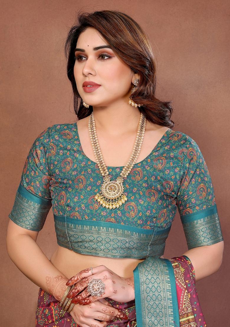 Rama Green Printed Silk Blend Saree Set - Indya