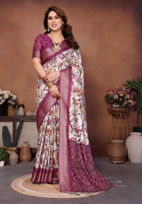 Wine Printed Silk Blend Saree Set