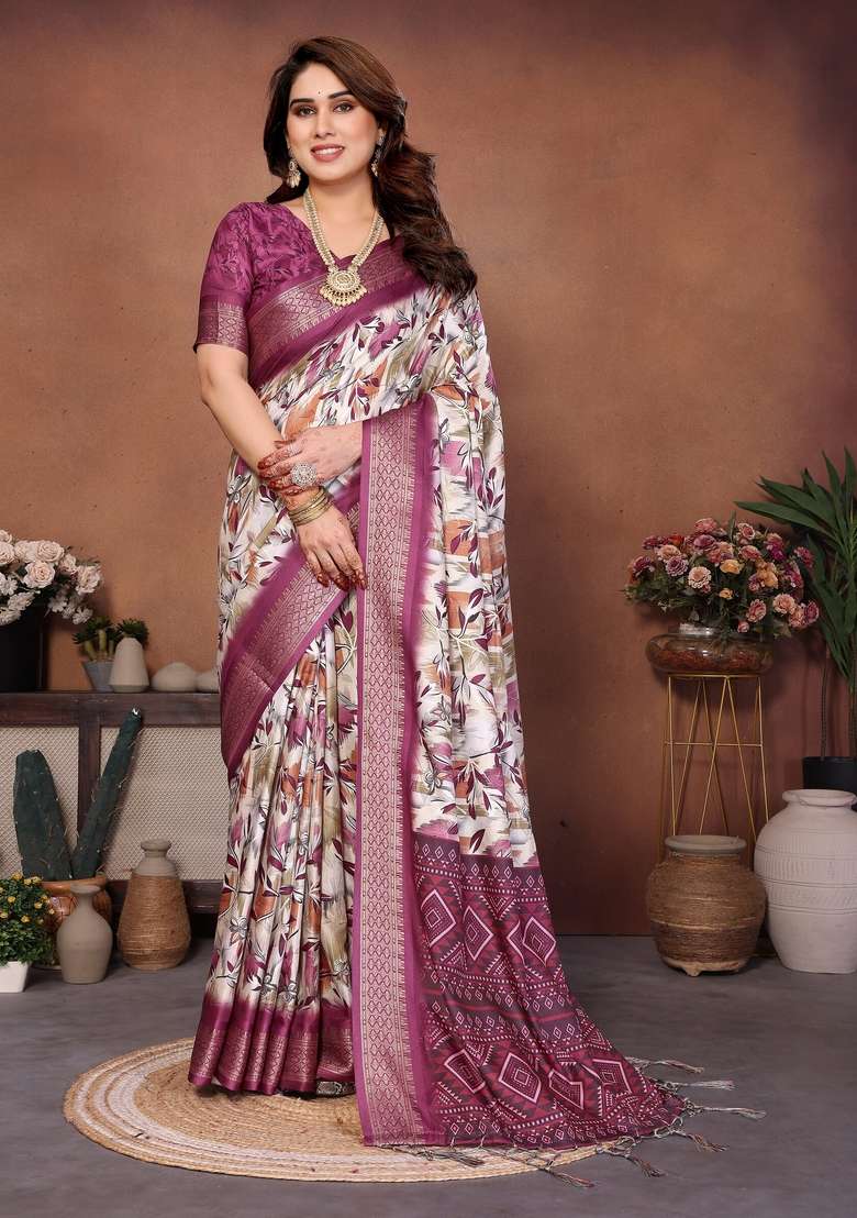 Wine Printed Silk Blend Saree Set for Diwali and Festive Wear - Indya