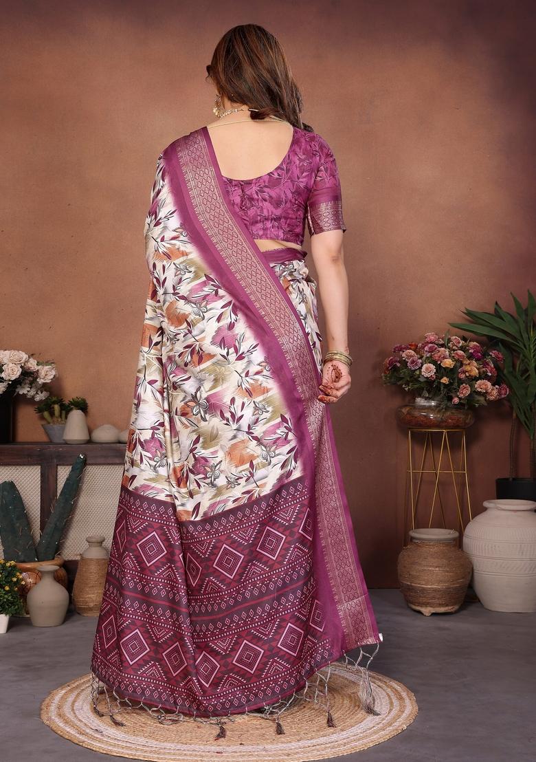 Wine Printed Silk Blend Saree Set - Indya