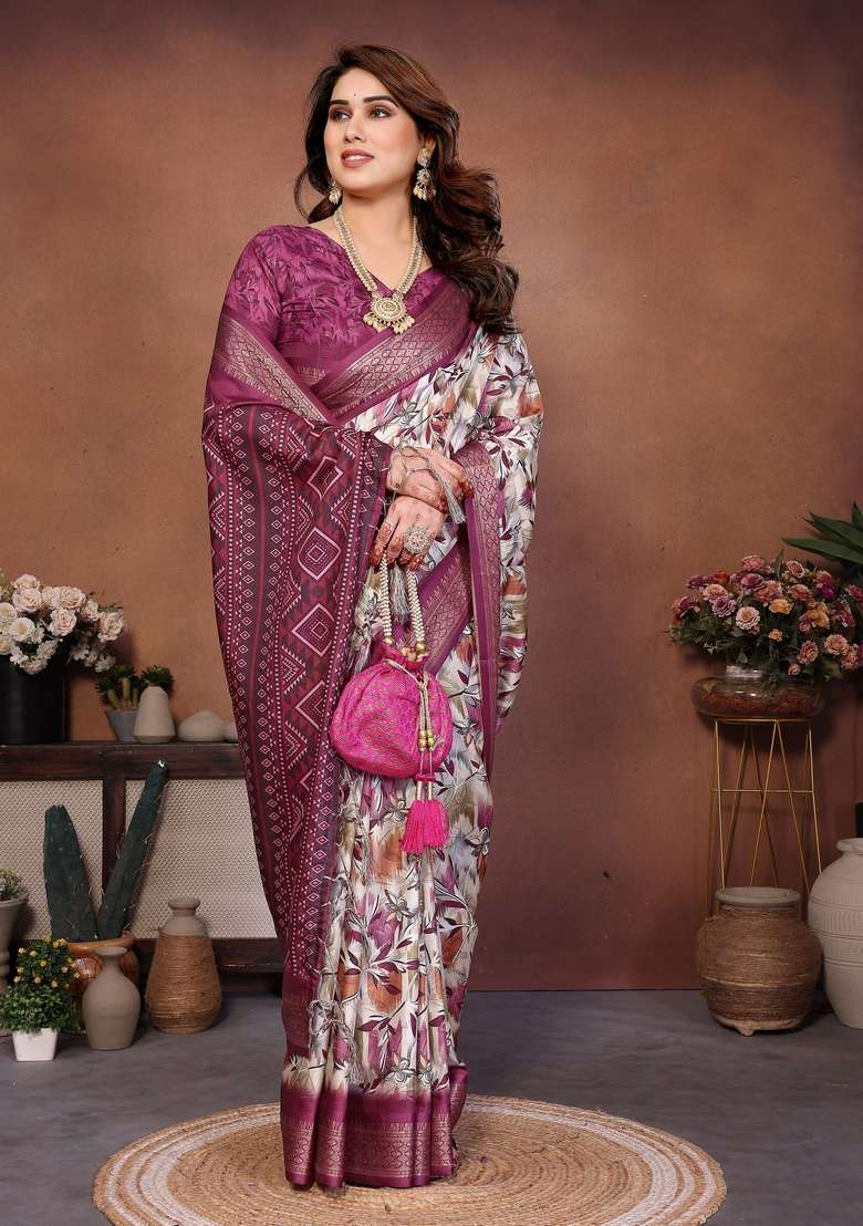 Wine Printed Silk Blend Saree Set for Diwali and Festive Wear - Indya