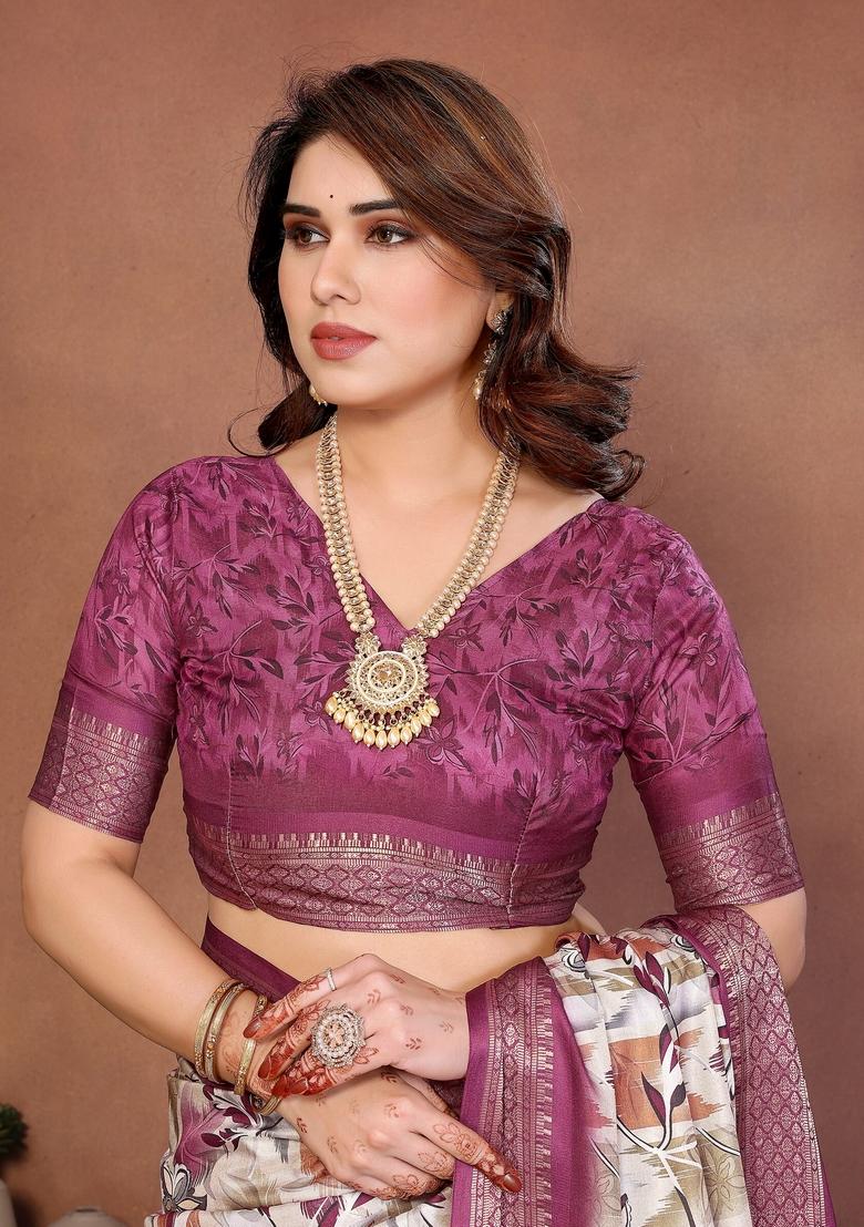 Wine Printed Silk Blend Saree Set - Indya