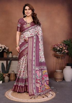 Wine Printed Silk Blend Saree Set