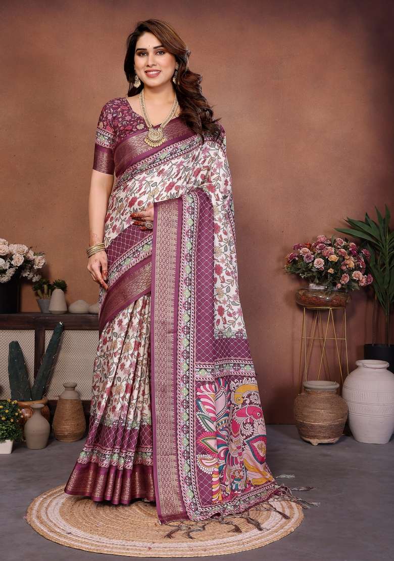 Wine Printed Silk Blend Saree Set for Diwali and Festive Wear - Indya