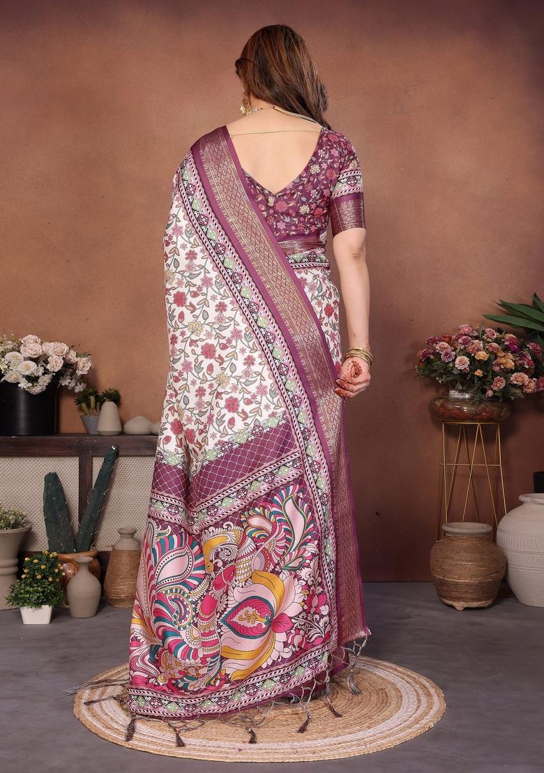 Wine Printed Silk Blend Saree Set - Indya