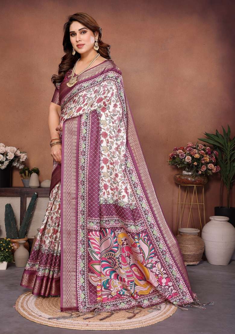 Wine Printed Silk Blend Saree Set for Diwali and Festive Wear - Indya