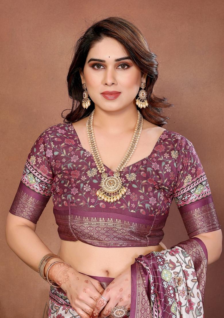 Wine Printed Silk Blend Saree Set - Indya