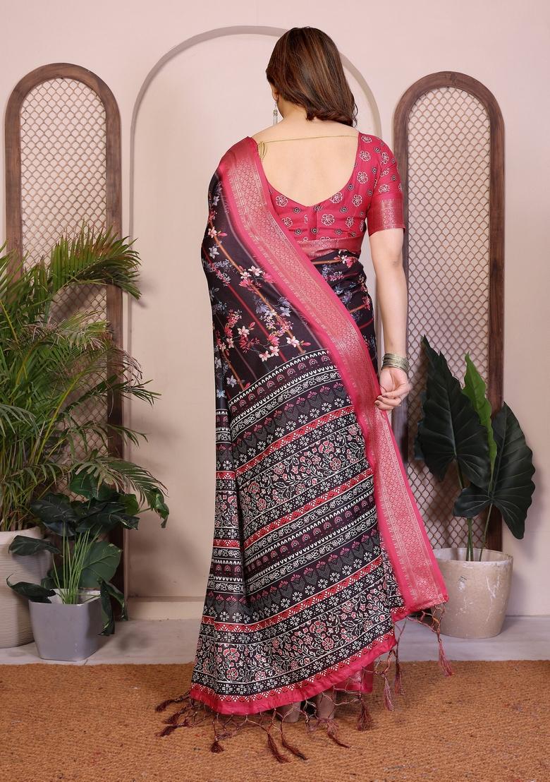 Black Printed Silk Blend Saree Set - Indya