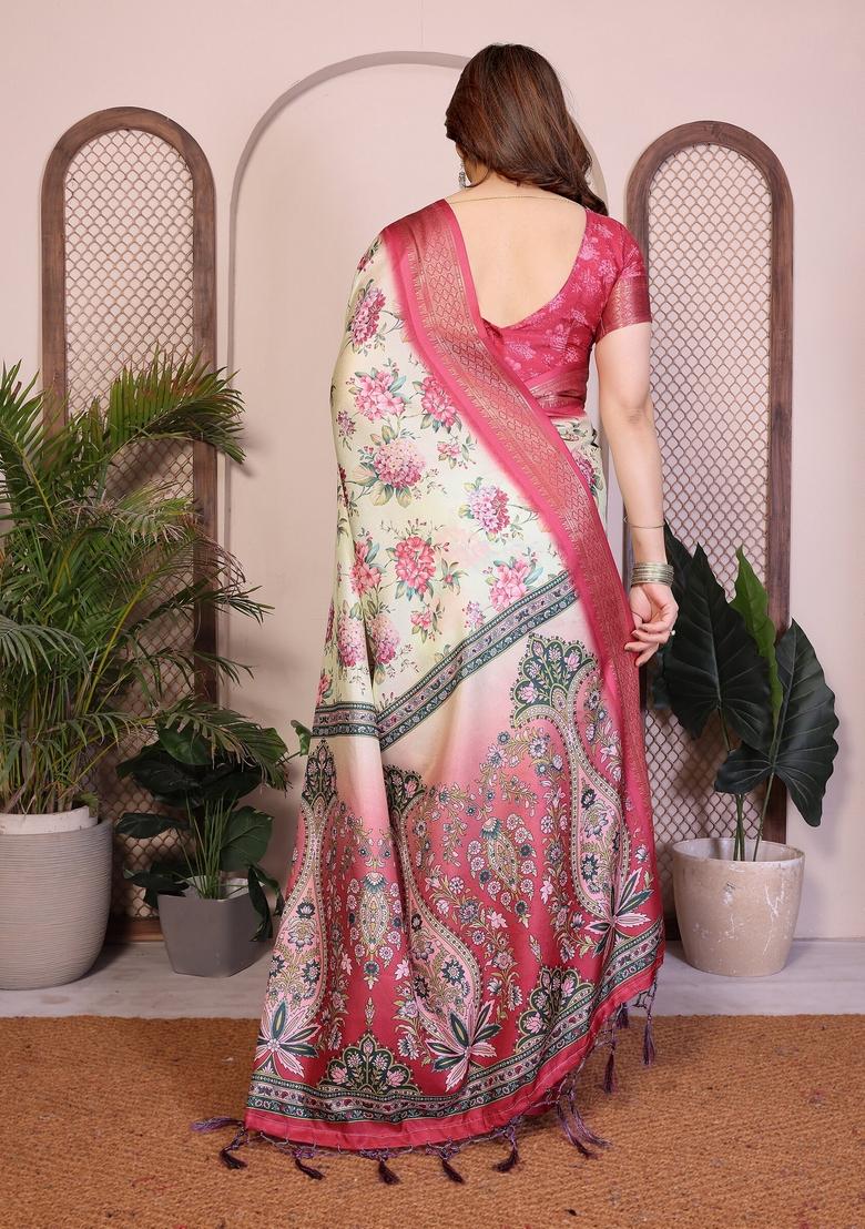 Light Yellow Printed Silk Blend Saree Set - Indya