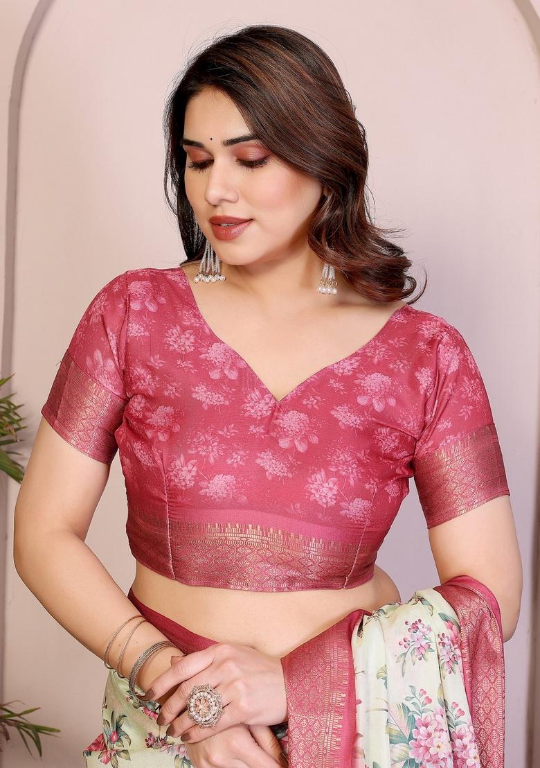 Light Yellow Printed Silk Blend Saree Set - Indya