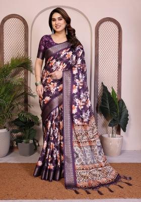 Purple Printed Silk Blend Saree Set