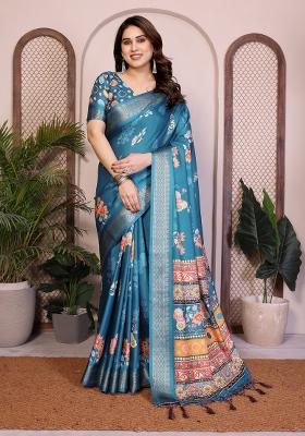 Rama Green Printed Silk Blend Saree Set