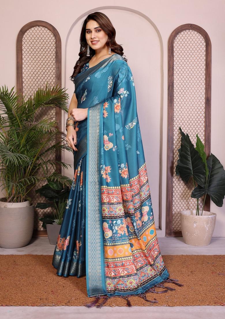 Rama Green Printed Silk Blend Saree Set - Indya