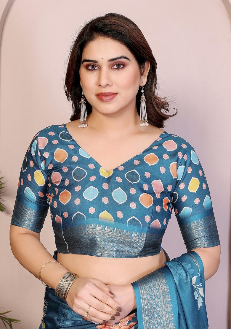 Rama Green Printed Silk Blend Saree Set - Indya
