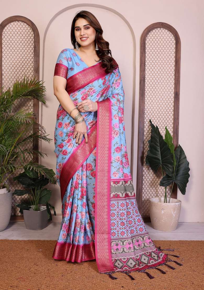 Blue Silk Blend Saree Set with Printed for Diwali | Wedding & Festive Wear - Indya