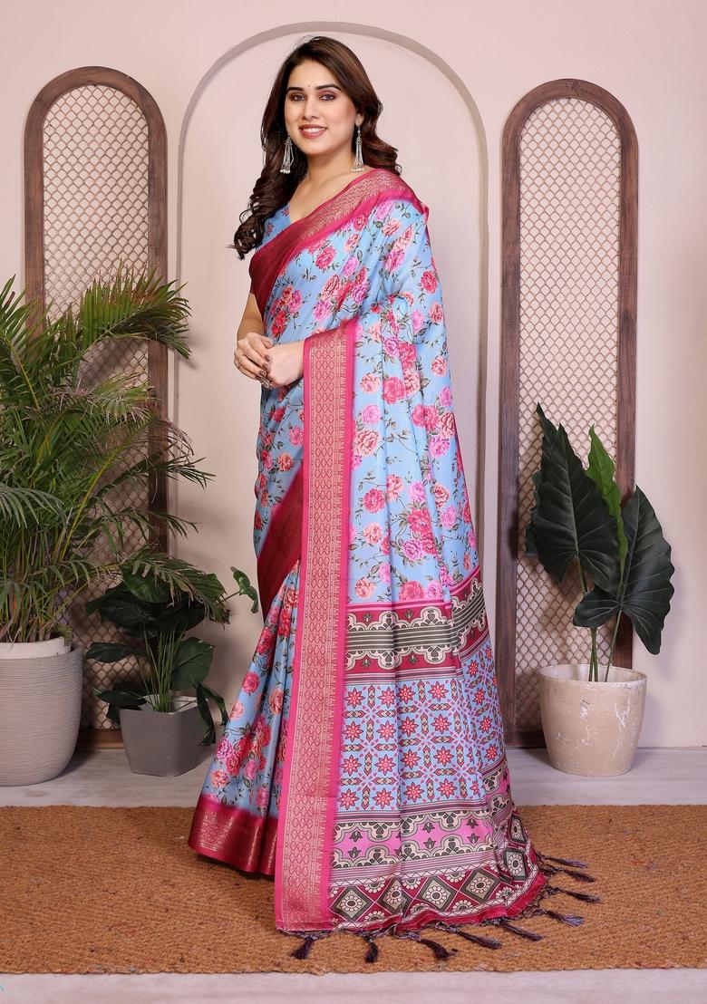 Blue Printed Silk Blend Saree Set - Indya