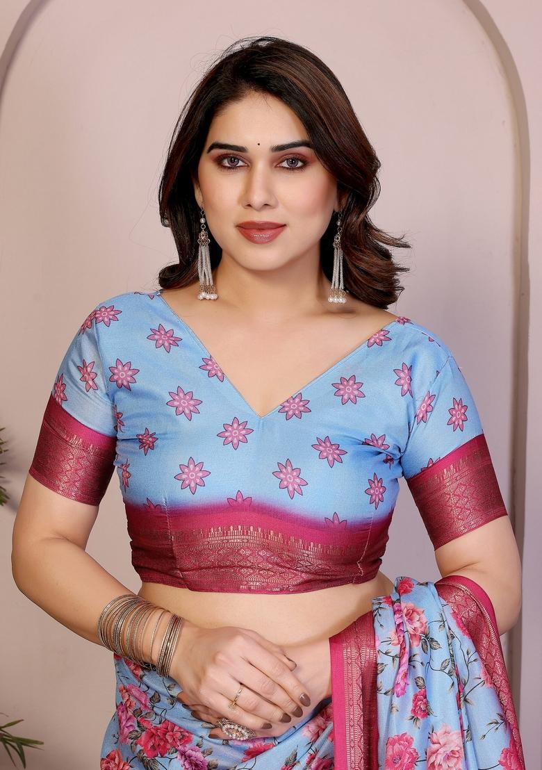 Blue Printed Silk Blend Saree Set - Indya