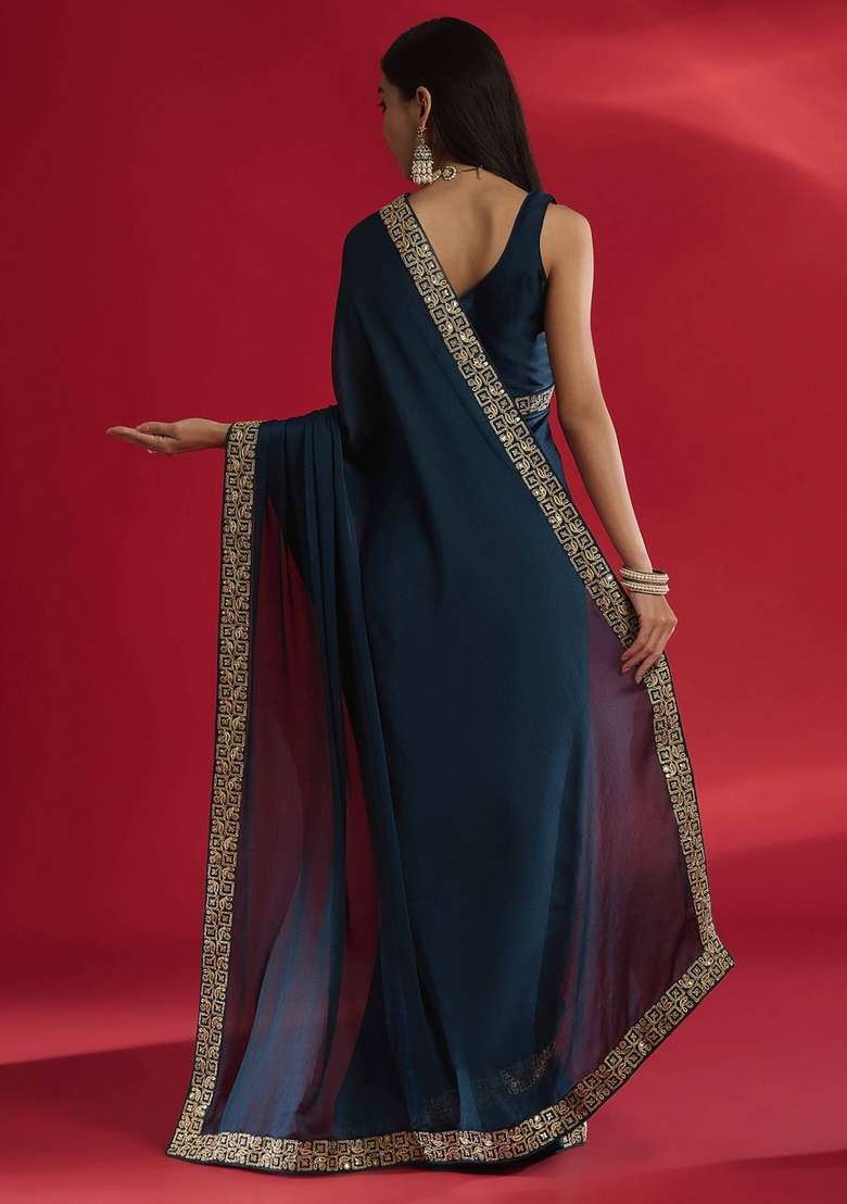 Blue Sequin Silk Blend Saree Set - Indya