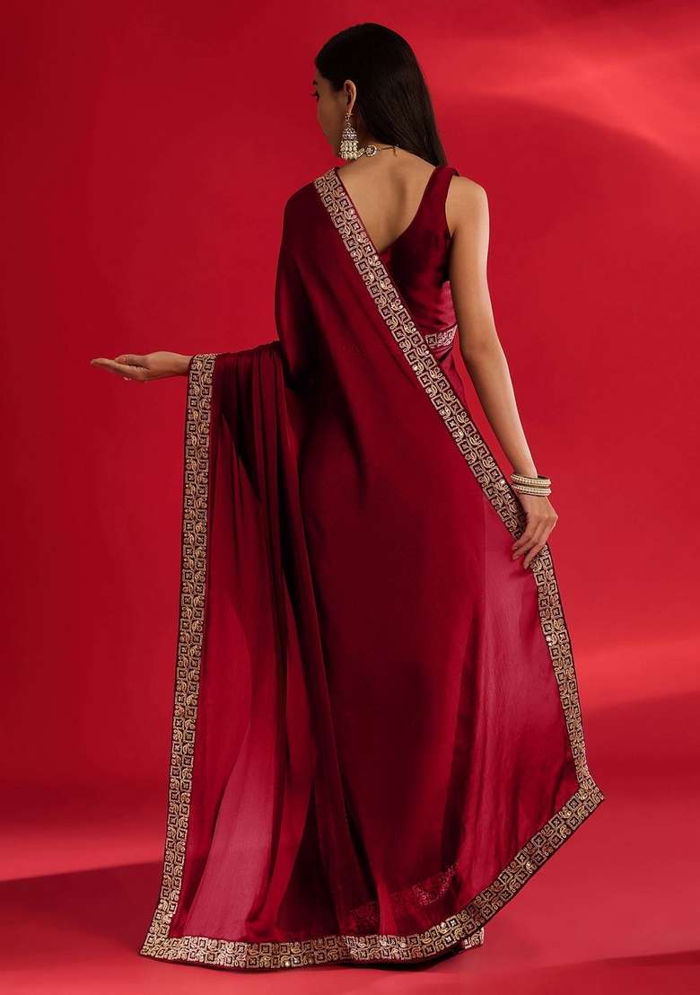 Red Sequin Silk Blend Saree Set - Indya