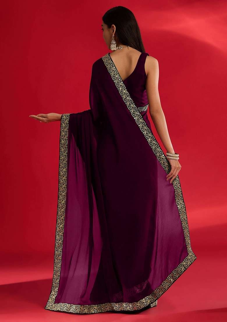 Wine Sequin Silk Blend Saree Set - Indya
