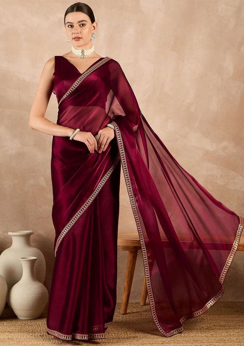 Wine Blended Saree Set with Sequin for Diwali | Wedding & Festive Wear - Indya
