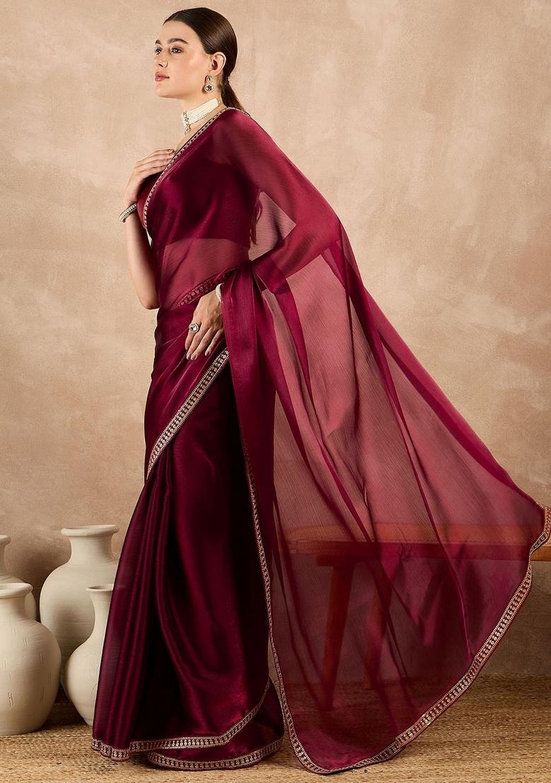 Wine Sequin Blended Saree Set - Indya