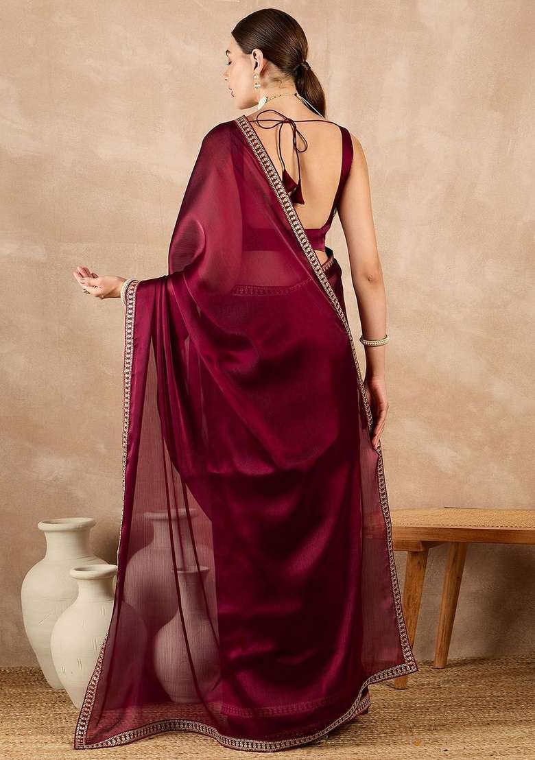 Wine Blended Saree Set with Sequin for Diwali | Wedding & Festive Wear - Indya