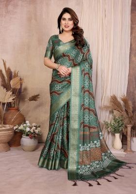 Green Printed Silk Blend Saree Set
