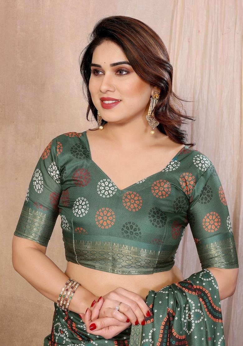 Green Printed Silk Blend Saree Set - Indya