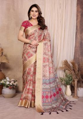 Brown Printed Silk Blend Saree Set