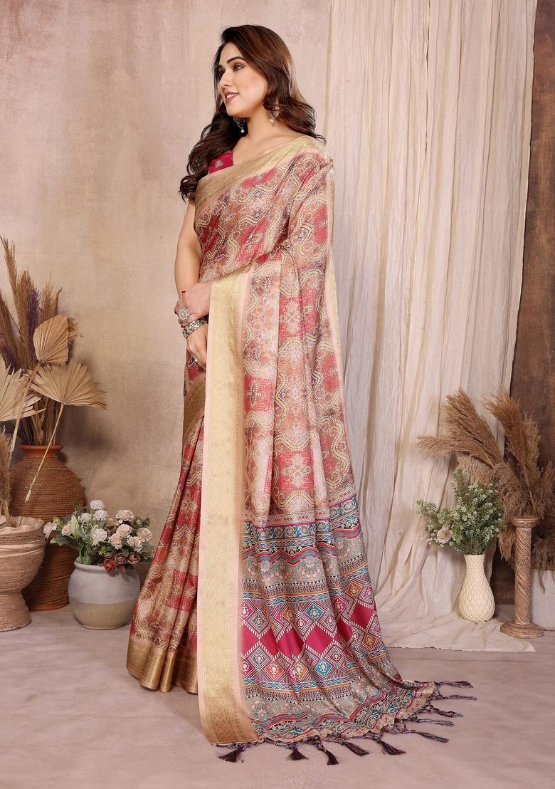 Brown Printed Silk Blend Saree Set - Indya