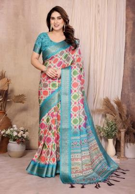 Multicolor Printed Silk Blend Saree Set