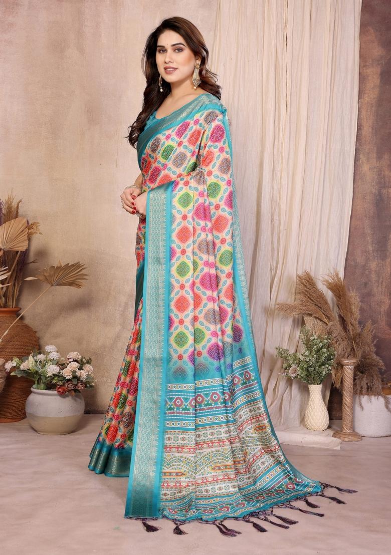 Multicolor Printed Silk Blend Saree Set - Indya