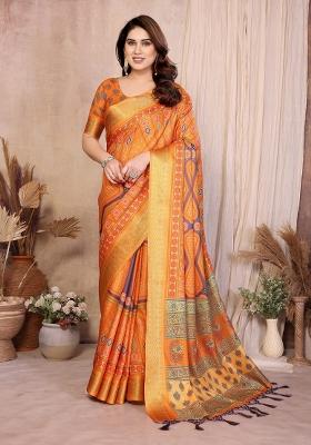 Mustard Printed Silk Blend Saree Set