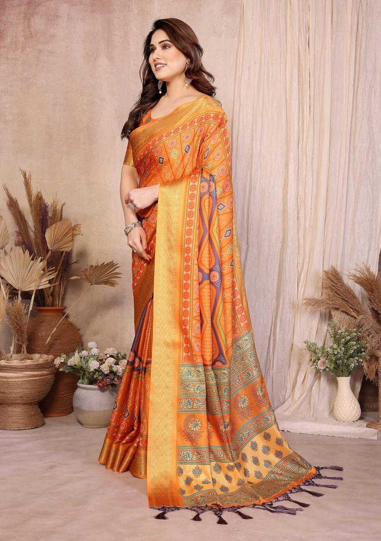 Mustard Printed Silk Blend Saree Set - Indya