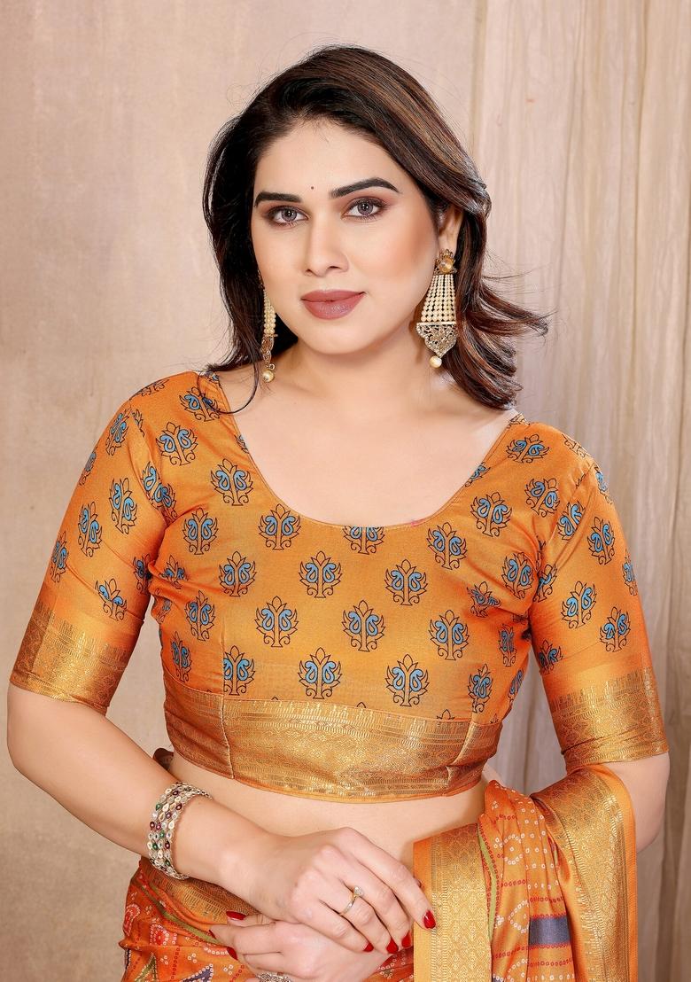 Mustard Printed Silk Blend Saree Set - Indya