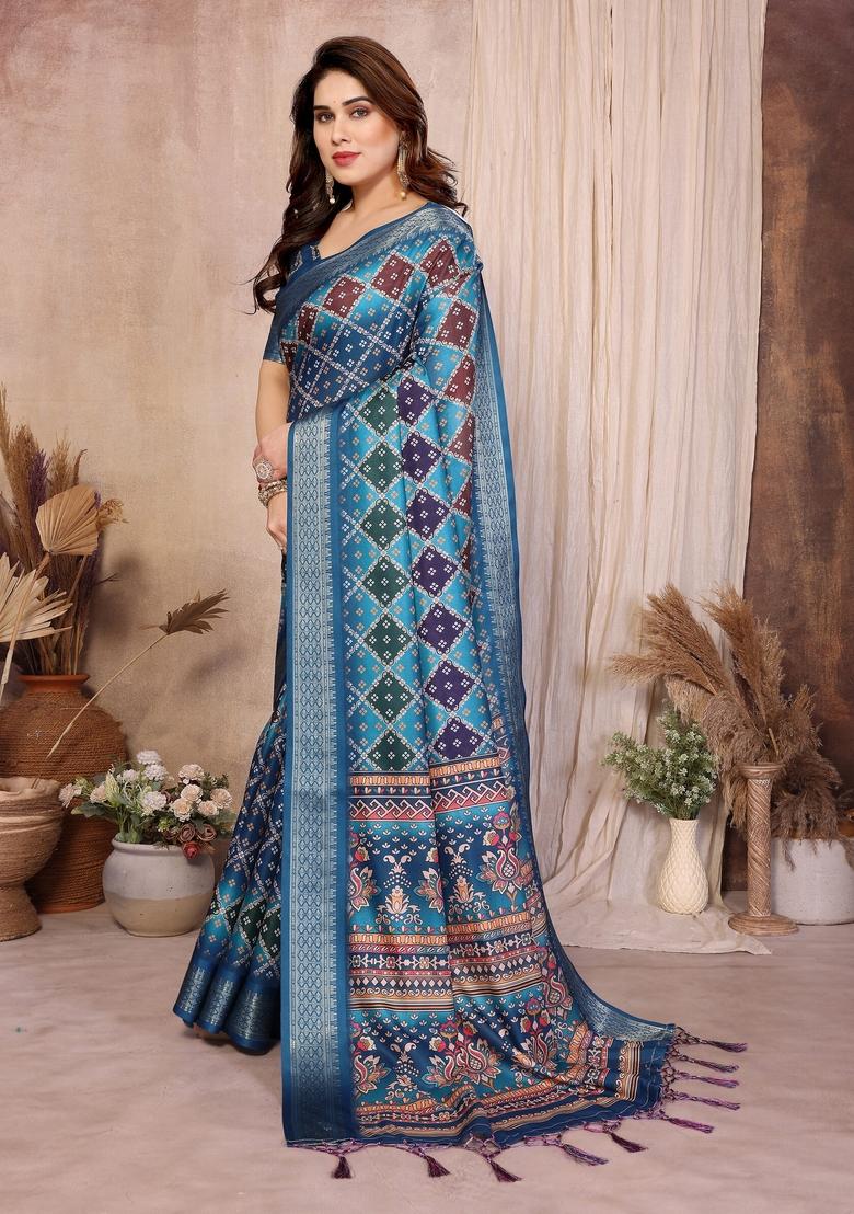 Teal Printed Silk Blend Saree Set - Indya