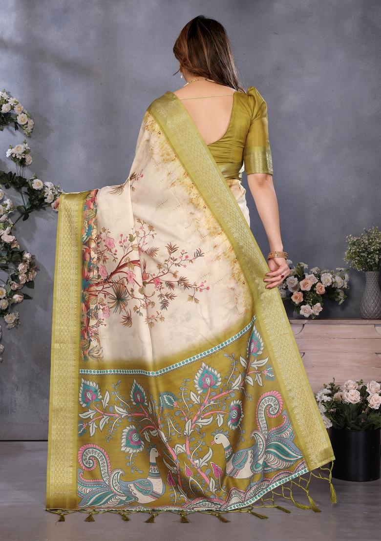 Olive Printed Silk Blend Saree Set - Indya