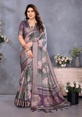 Wine Printed Silk Blend Saree Set