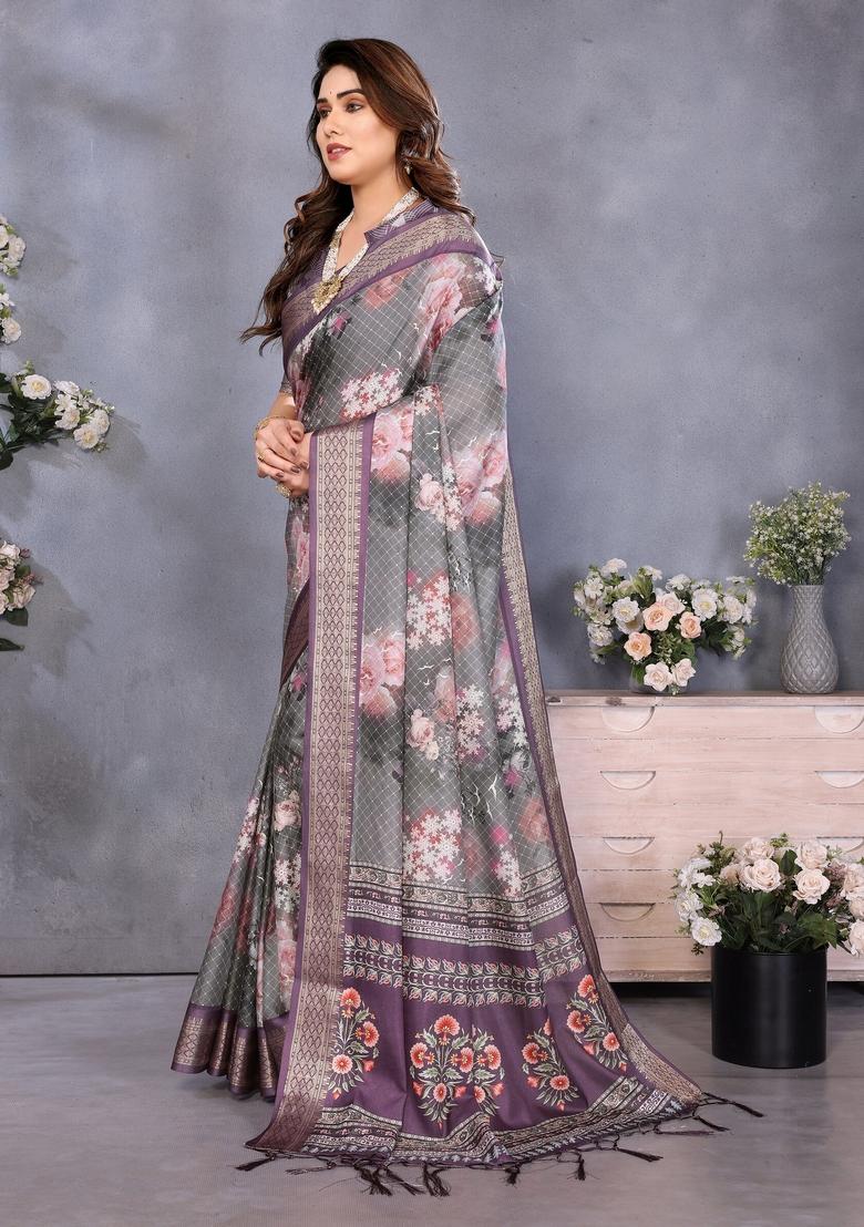 Wine Printed Silk Blend Saree Set - Indya