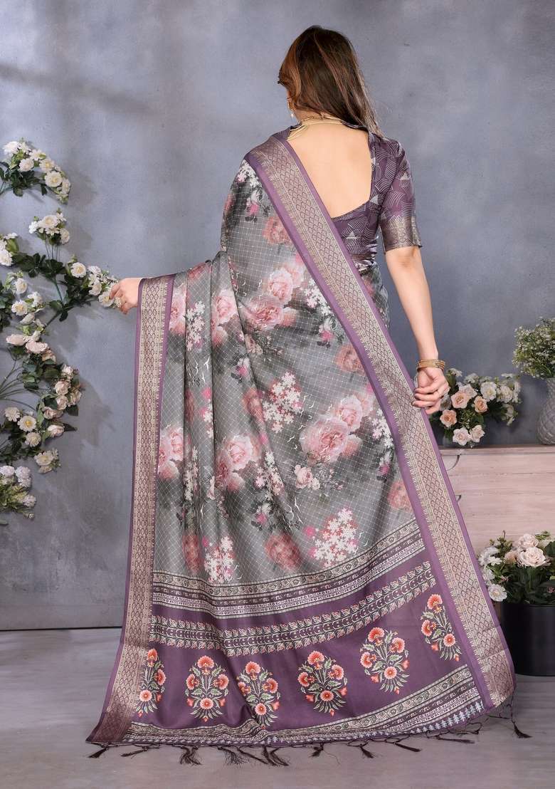 Wine Silk Blend Saree Set with Printed for Diwali | Wedding & Festive Wear - Indya