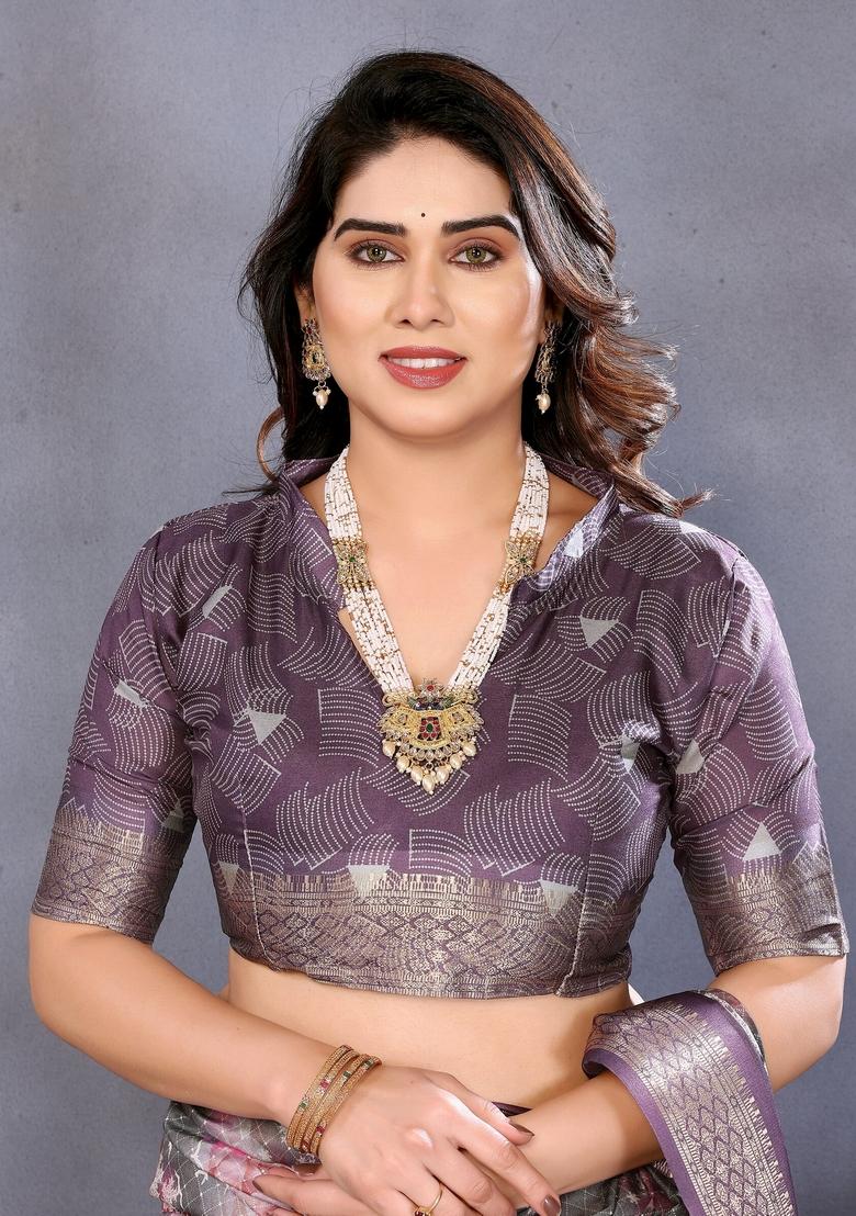 Wine Printed Silk Blend Saree Set - Indya