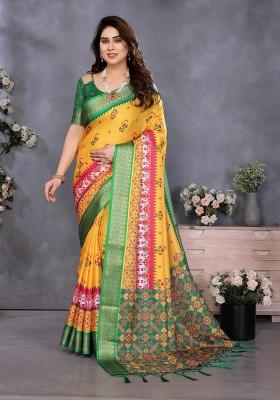 Yellow Printed Silk Blend Saree Set